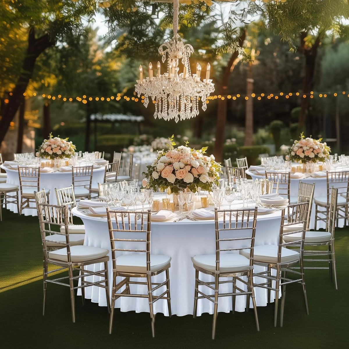4 pk White Round Spandex Tablecloth for 60in Tables, Wrinkle Free Stretchy 120inch Fitted 5FT Table