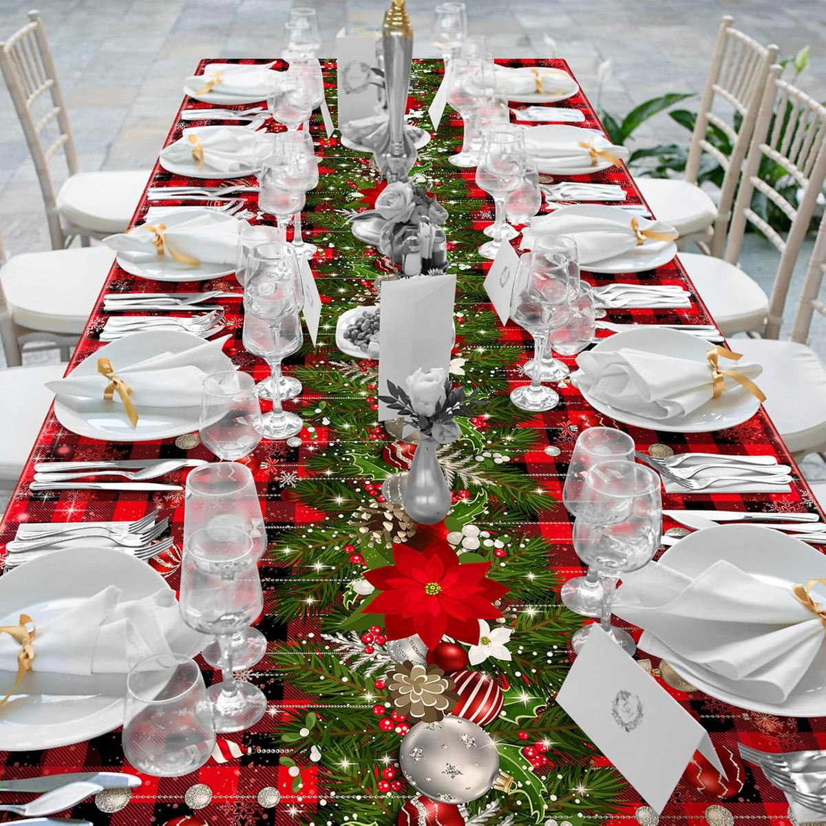 3Pcs Christmas Buffalo Plaid Snowflake Tablecloths,Plastic Red and Black Checkered Rectangle