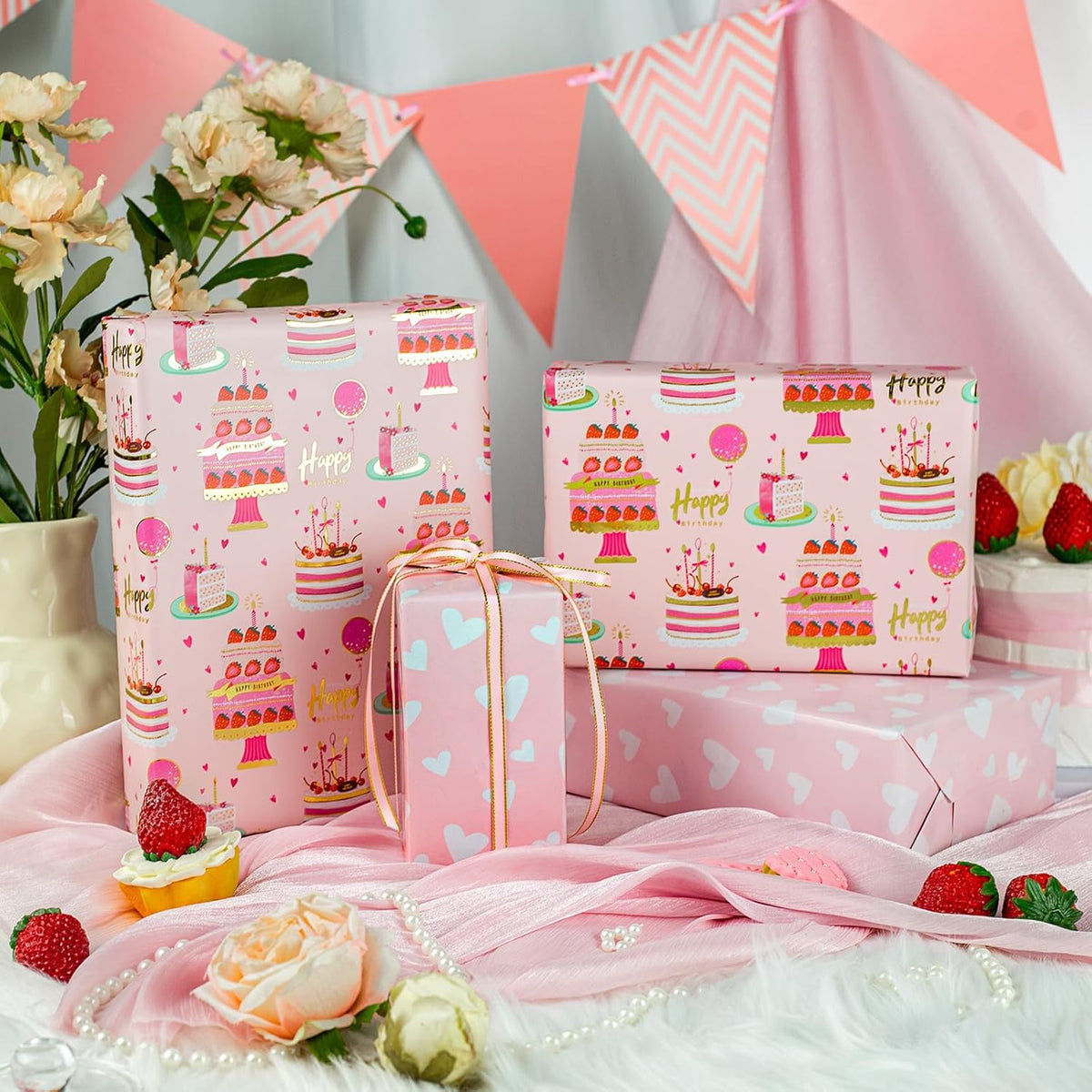 Yarcony Girls Birthday Wrapping Paper Roll, Pink Gift Wrapping Paper,Metallic Foil Pink
