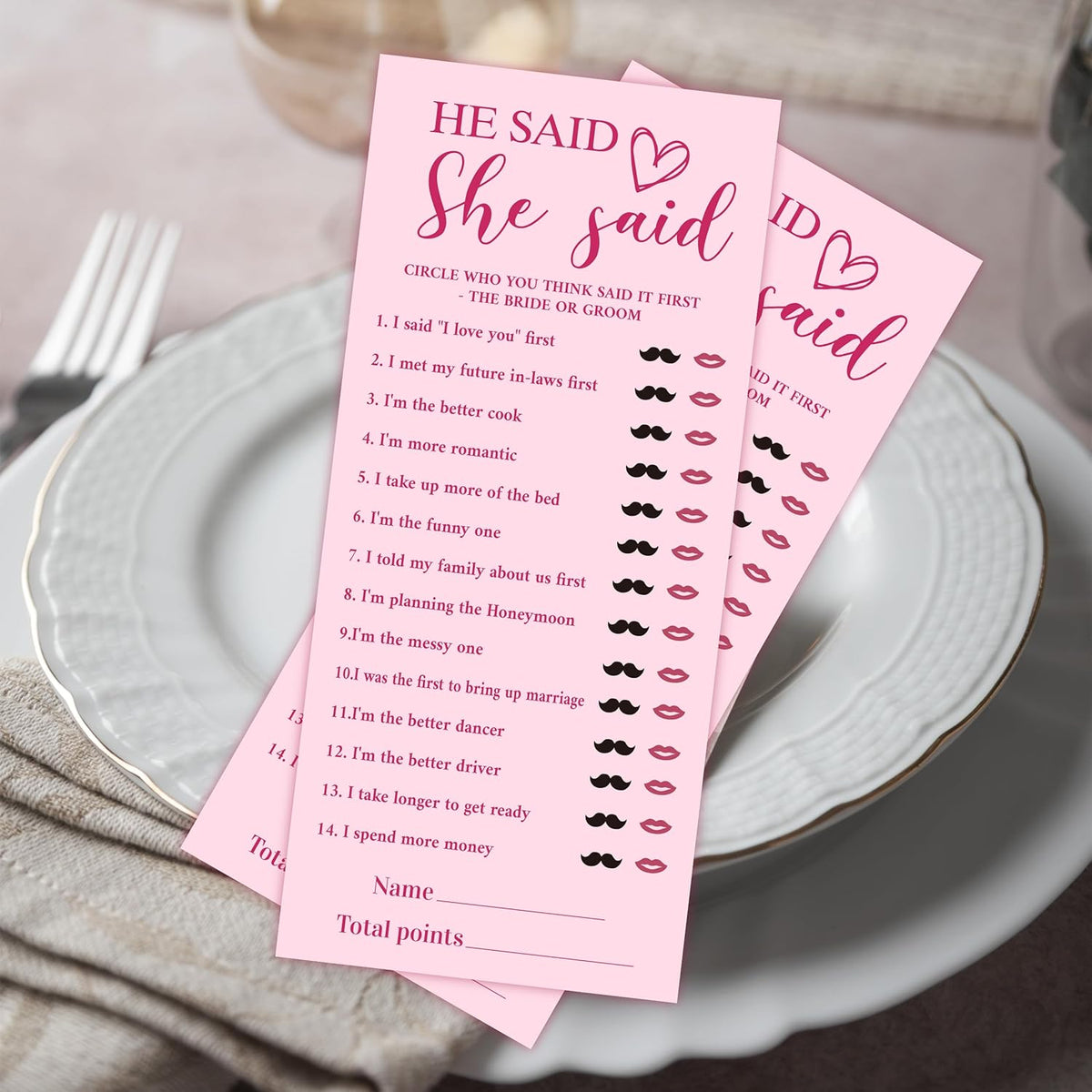 4x9 Inch Bridal Shower Party Games, He Said She Said, Pink Wedding Shower Games Cards for 25