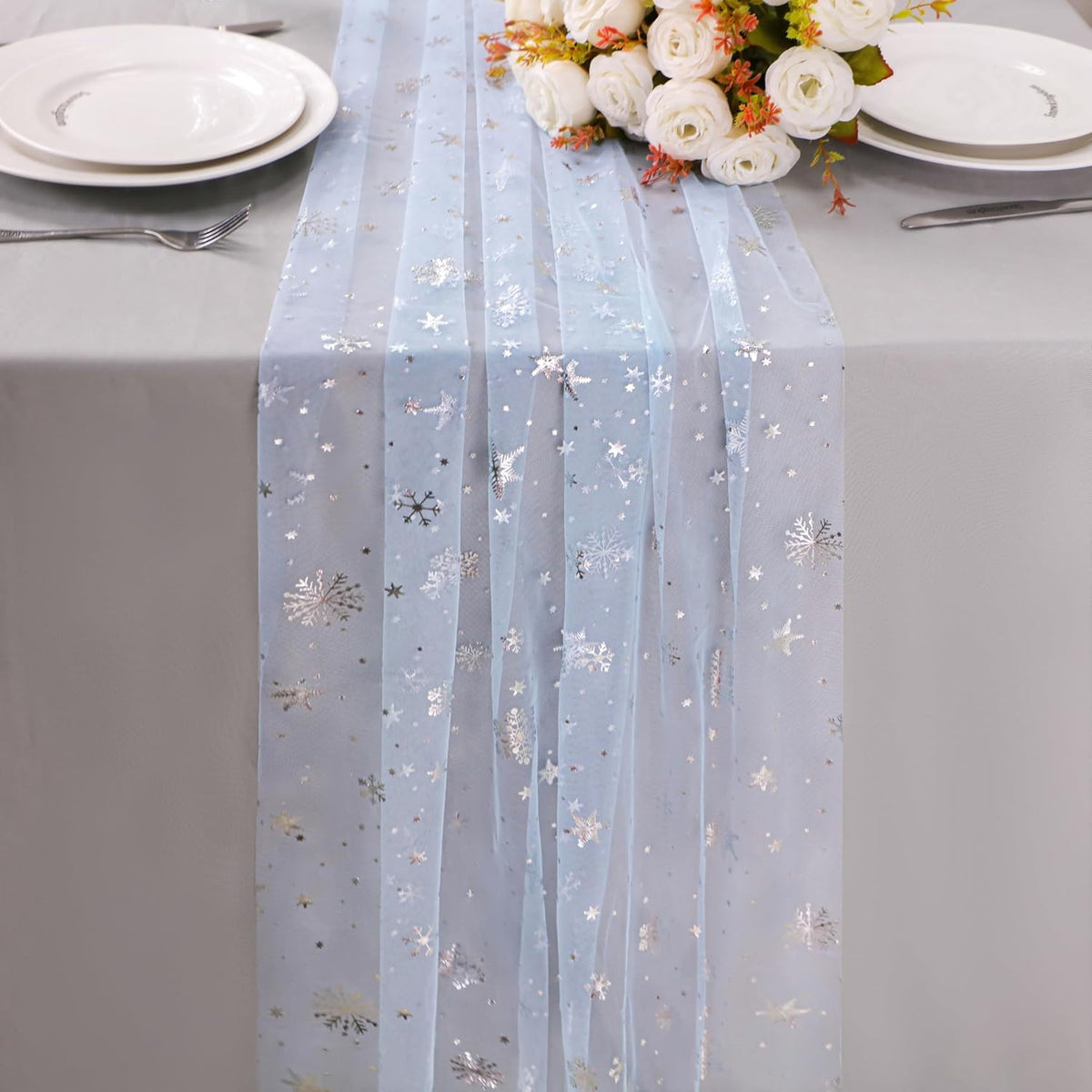 Snowkingdom Silver Snowflake Christmas Table Runner, 10ft Blue Cheesecloth Gauze Sheer Chiffon 120