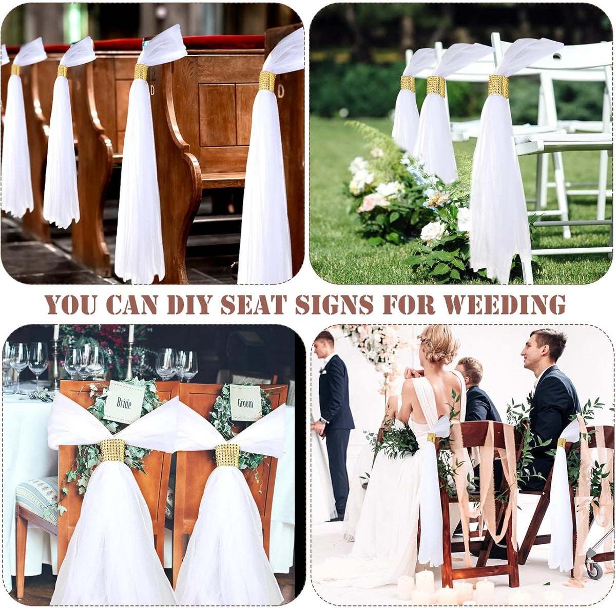 24 Set Wedding Aisle Chair Decorations 31.5 Inch Pew Bows with Long Tulle Tails and Rhinestone wrap