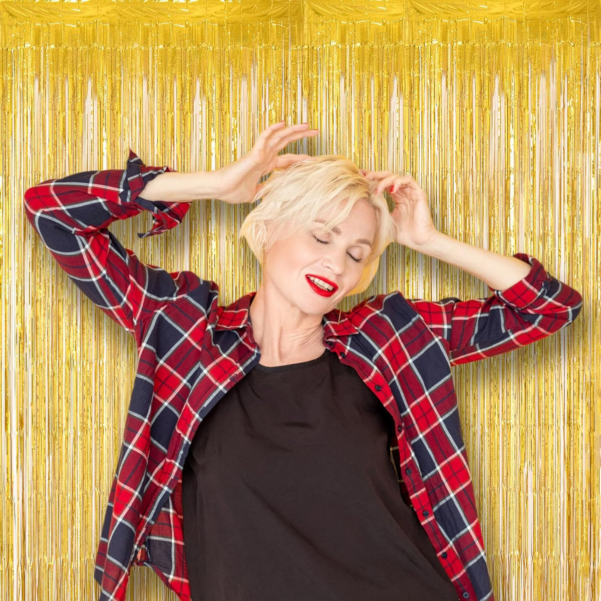 2 Pack Laser Gold Tinsel Foil Fringe Curtains, Gold Party Decorations, Metallic Tinsel Party