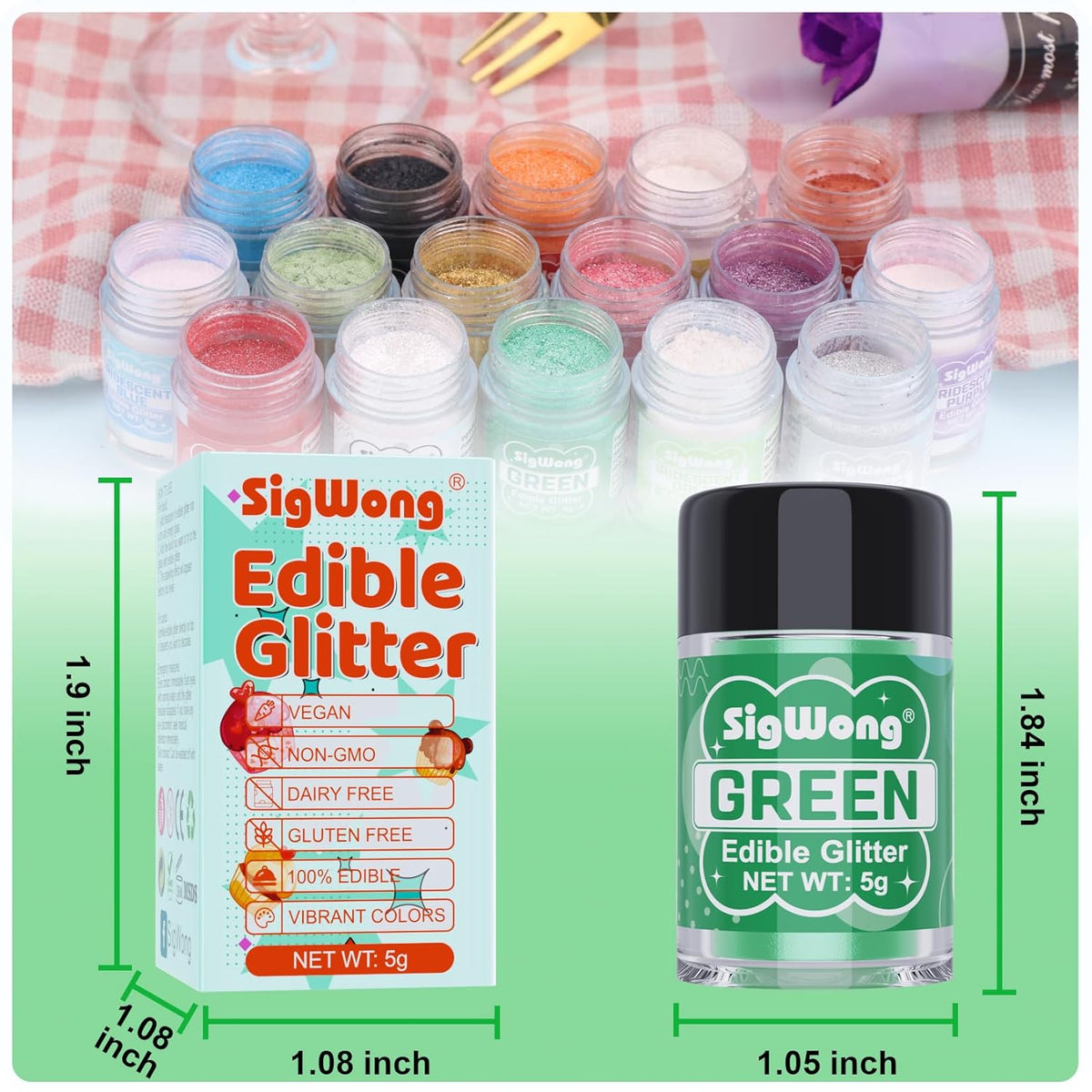 Green Edible Glitter - 5g Food Grade Cake Decorating Shimmering Glitter, Edible Sprinkle Luster