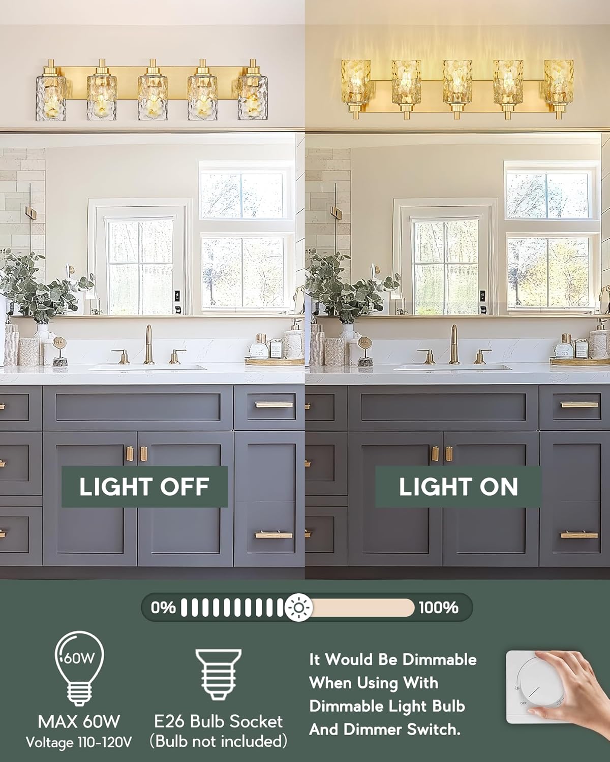 5-Light Bathroom Light Fixtures, 30 Inch Brushed Gold Vanity Lights with Clear Hammered Glass