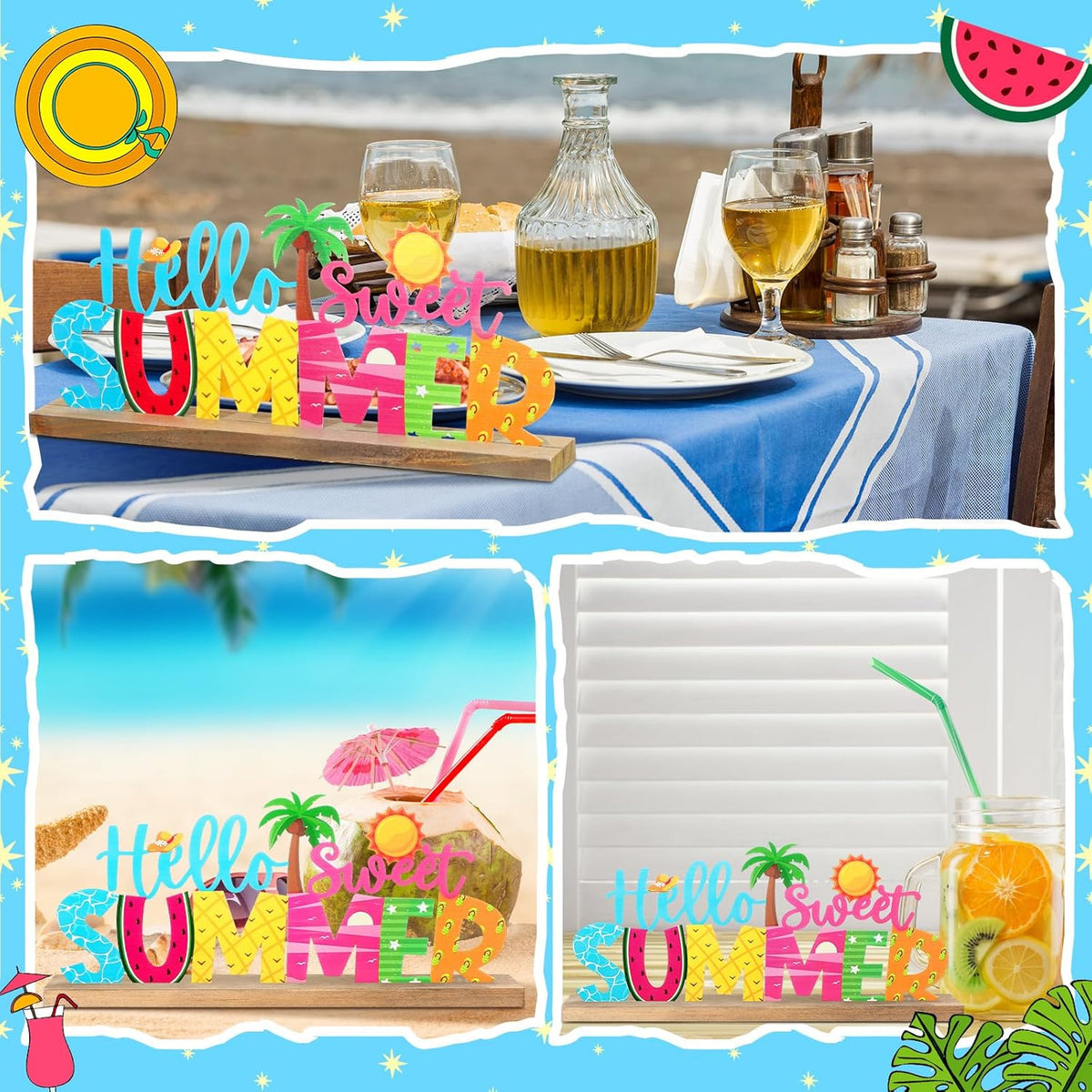 Hello Sweet Summer Metal Sign Rustic Table Decor Holiday Tiered Tray Decor with Wooden Base