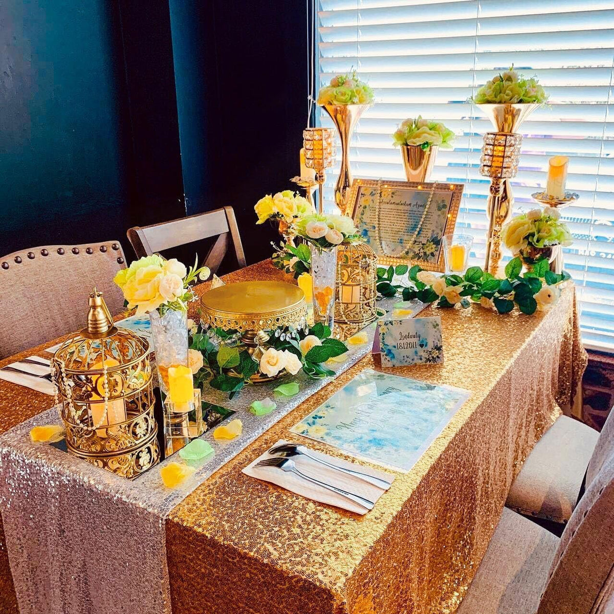 QueenDream Gold Table Cloth Party Decorations: Sequin Fabric 90x90 Inch Sparkle Tablecloths - Gold