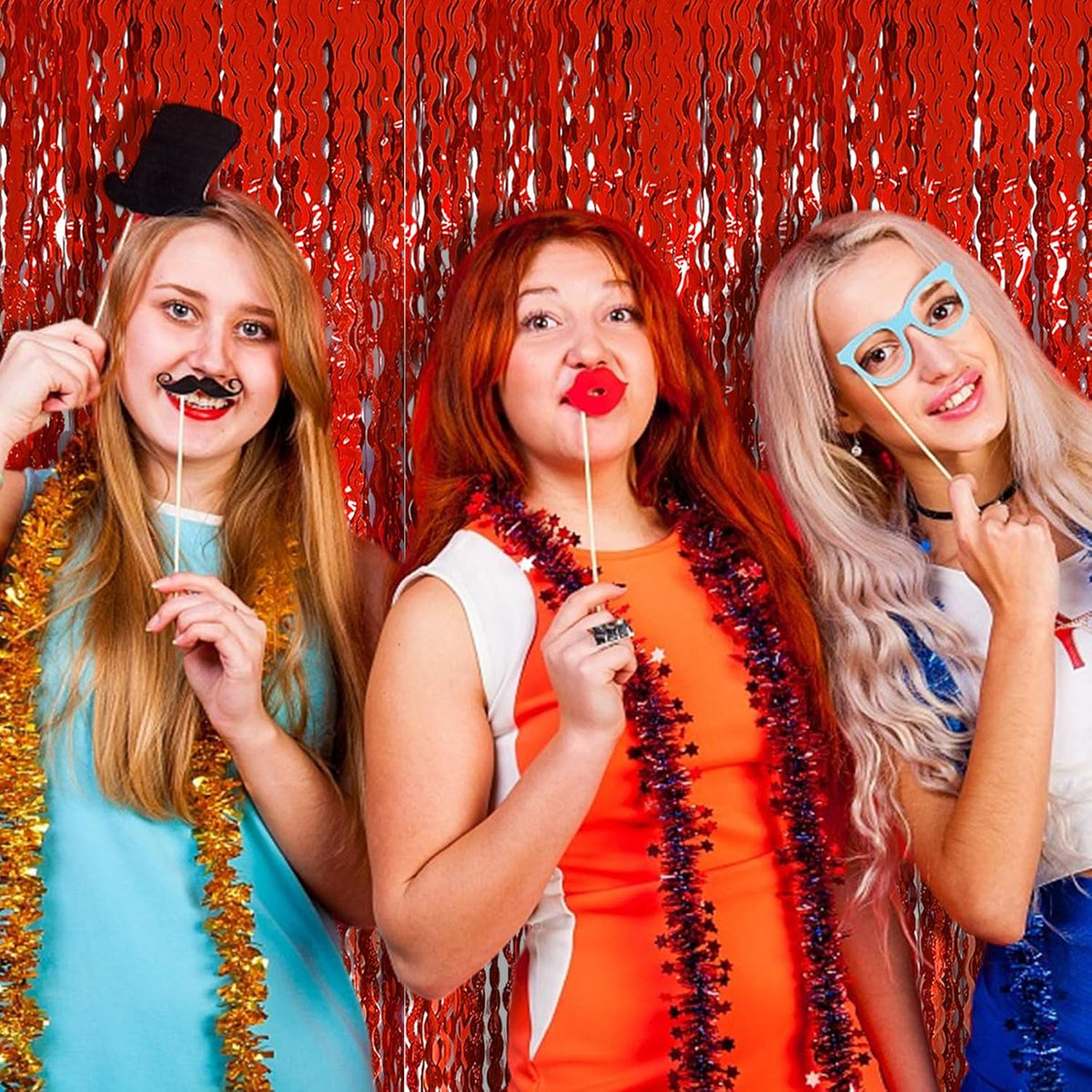 Red Tinsel Foil Fringe Curtains Wavy Backdrop for Parties Sparkle Metallic Wavy Foil Fringe