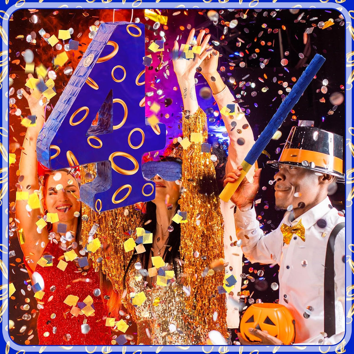 Number 4 Blue and Golden Rings Piñata for Kids Birthday Cartoon Theme Small Piñata with Blindfold