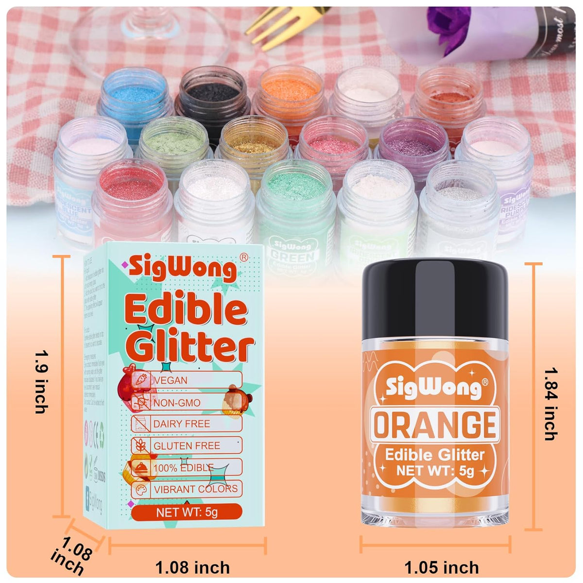 Orange Edible Glitter - 5g Food Grade Cake Decorating Shimmering Glitter, Edible Sprinkle Luster