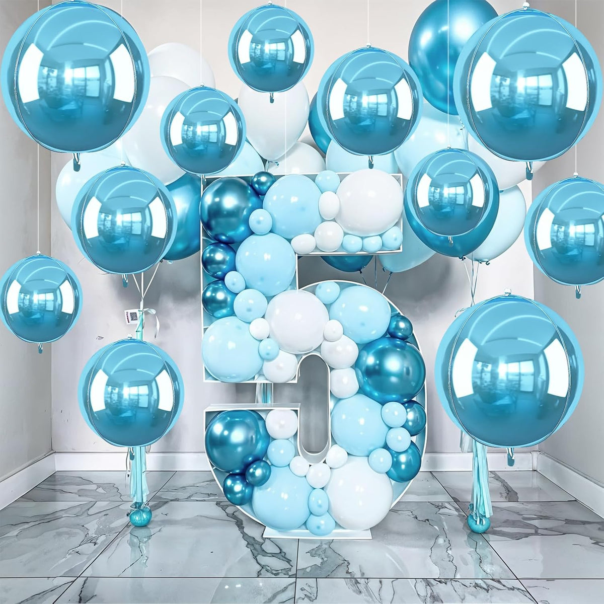 12Pcs Light Blue Round Foil Balloons, 22" 15" 10" 4D Helium Ball Balloon, Metallic Pearl Blue Foil