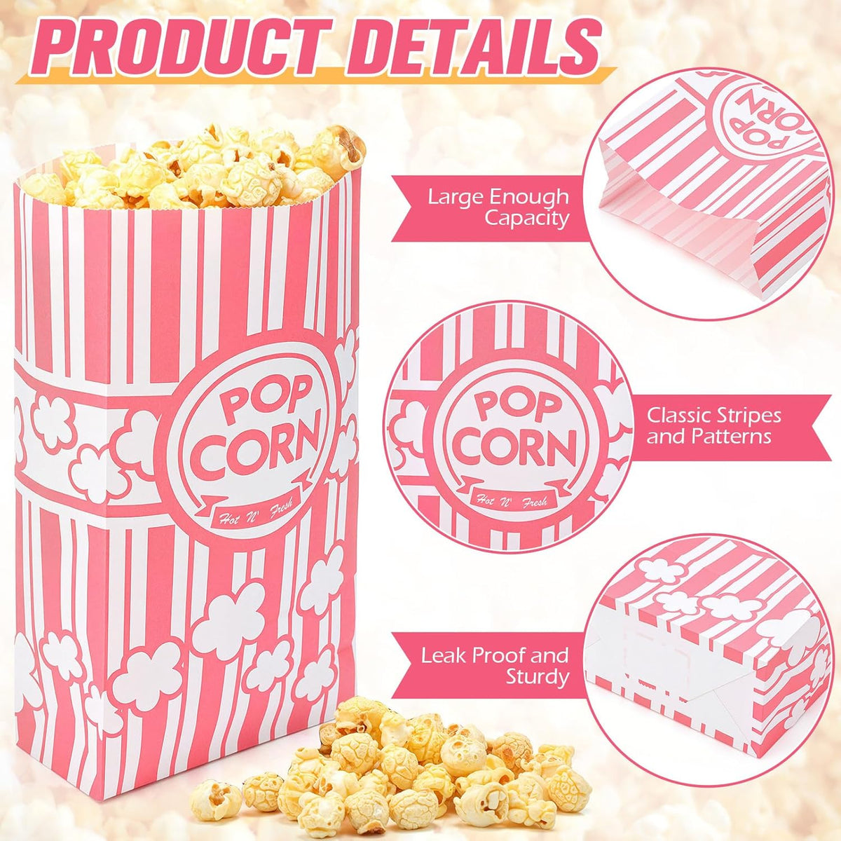 200 Pcs Paper Popcorn Bags Bulk 2 oz Large Flat Bottom Boxes Red and White Disposable Container