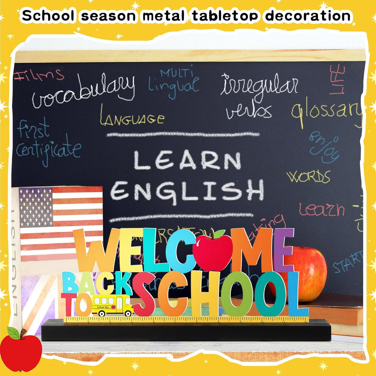 Welcome Back to School Metal Sign First Day of School Table Decor Metal Word Sign with Wooden Base