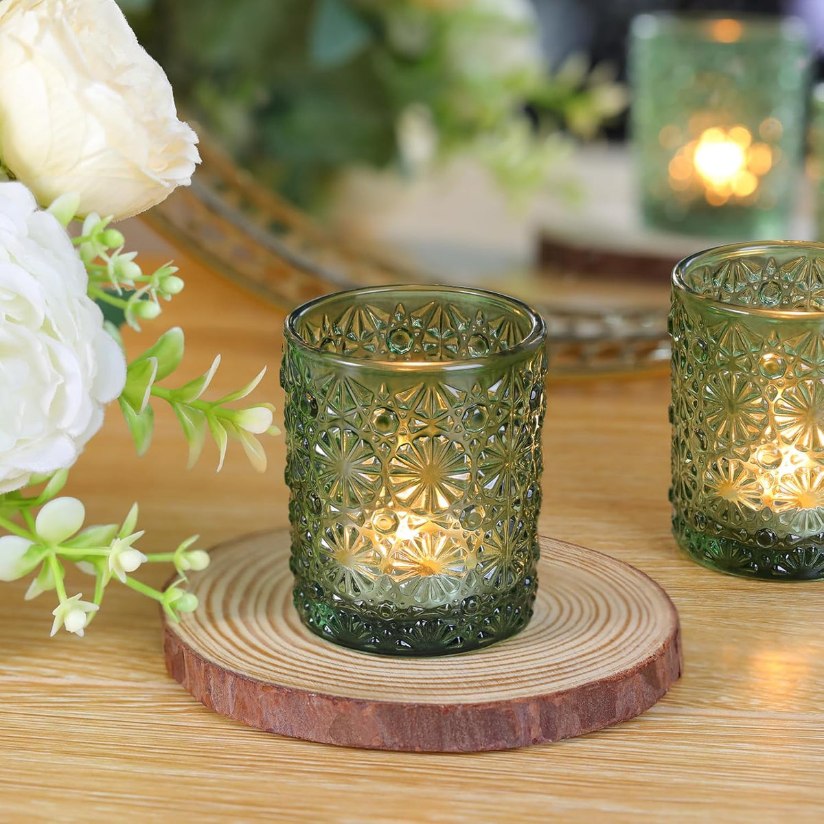Green Votive Candle Holder Set of 36, Flower Tea Lights Candles Holders for Wedding Table Decor