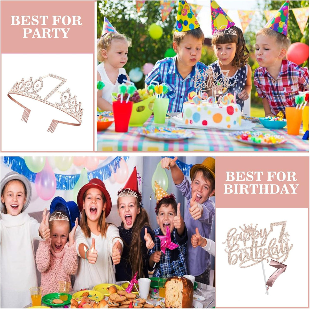 7th Birthday Decorations for Girl with Sash and Tiara, Numeral Candle and Cake Topper, 7 Year Old