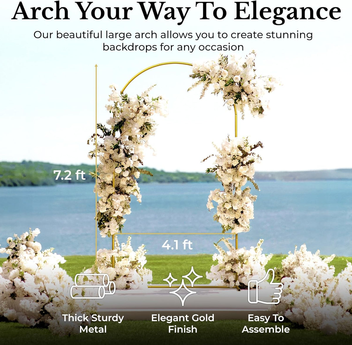 7.2FT Gold Wedding Backdrop Arch Stand with White Spandex Cover – Metal Frame, Water Weights &