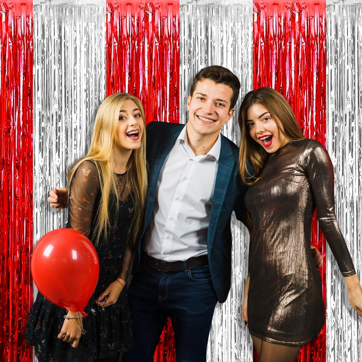 4 Pack Silver Red Foil Fringe Curtain Backdrop, 3.28Ft x 9.8Ft Metallic Tinsel Foil Fringe