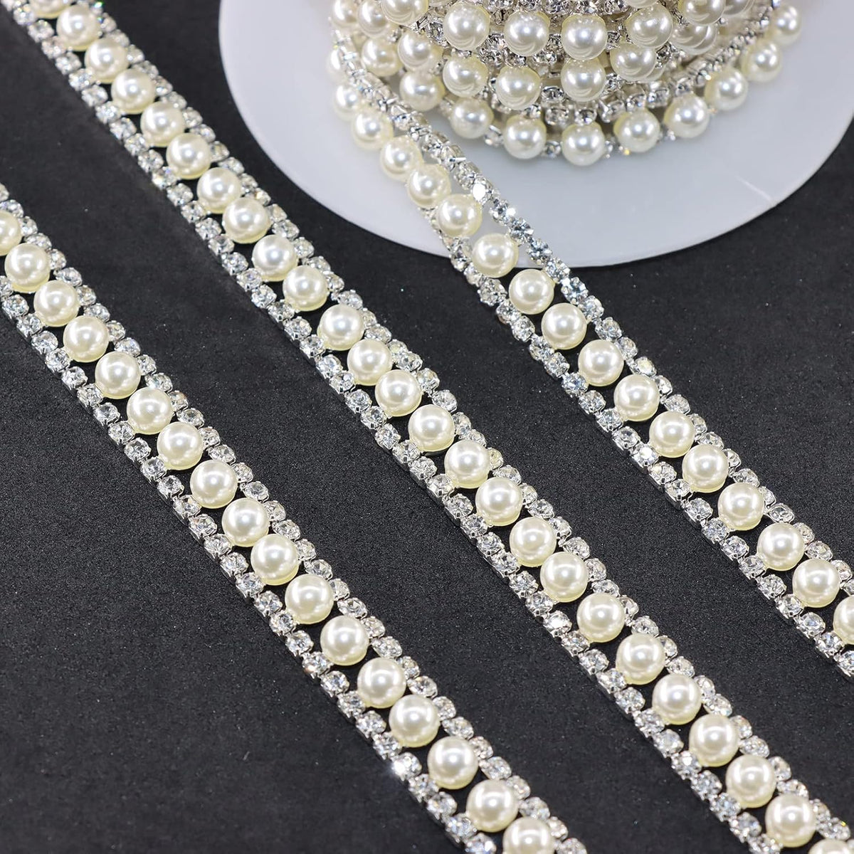Jerler Rhinestone Trim Applique 1 Yard 2 Rows Crystal Chain Banding Diamond Inlaid White Pearl