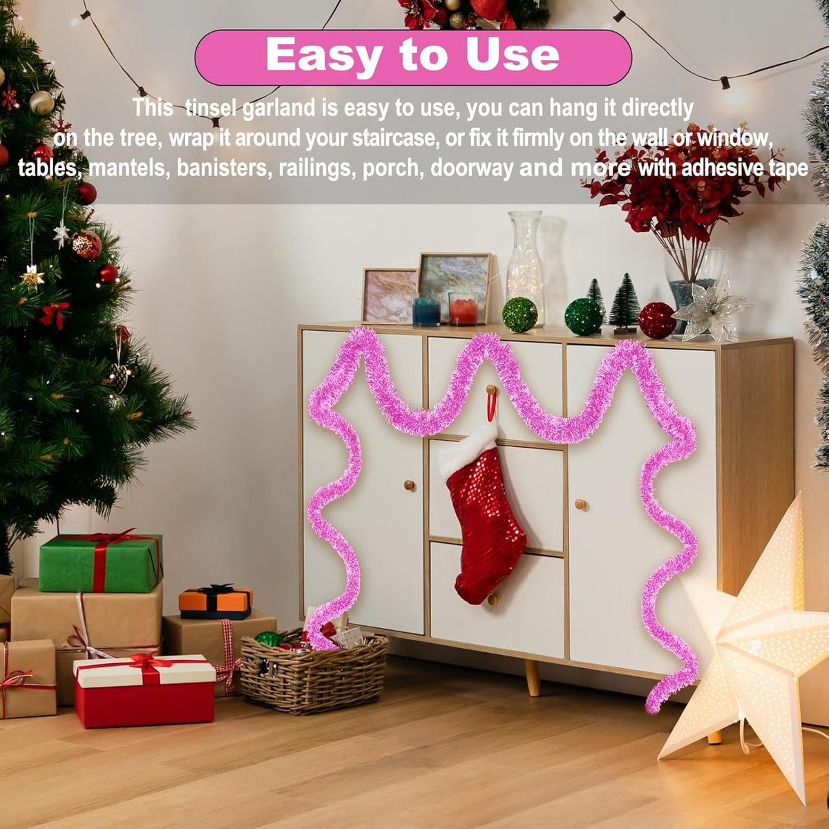 25 Feet Macaron Pink Christmas Tinsel Garland, Metallic Foil Twist Garland Wall Hanging Tinsel