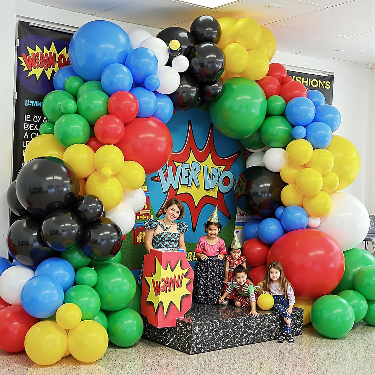 412Pcs Red Blue Yellow Green Black Balloon Arch Garland Kit, 18 12 10 5 Inch Different Size Latex