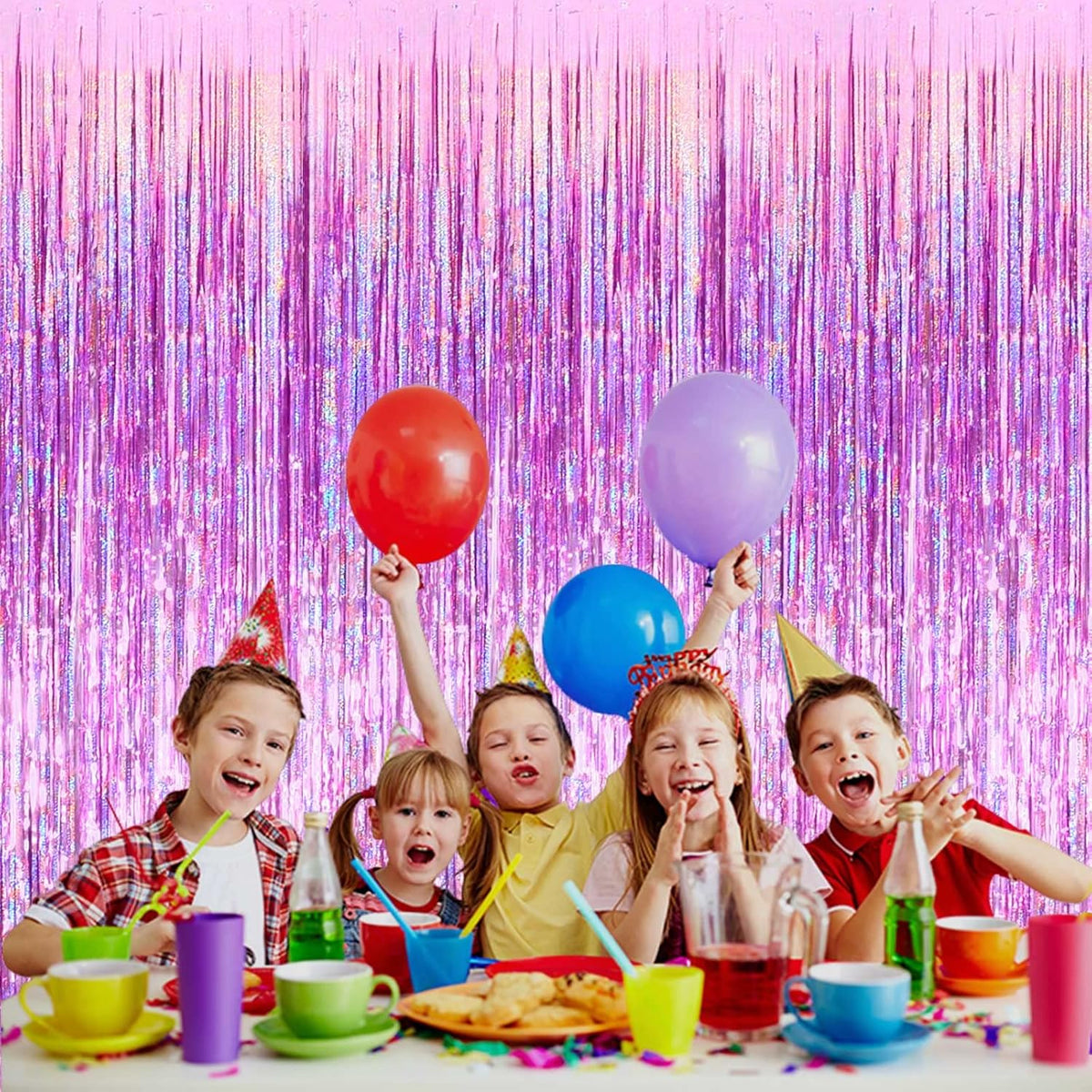4 Pack Pink Tinsel Foil Fringe Curtain Backdrop, 3.28Ft x 8.2Ft Metallic Streamers for Photo Booth