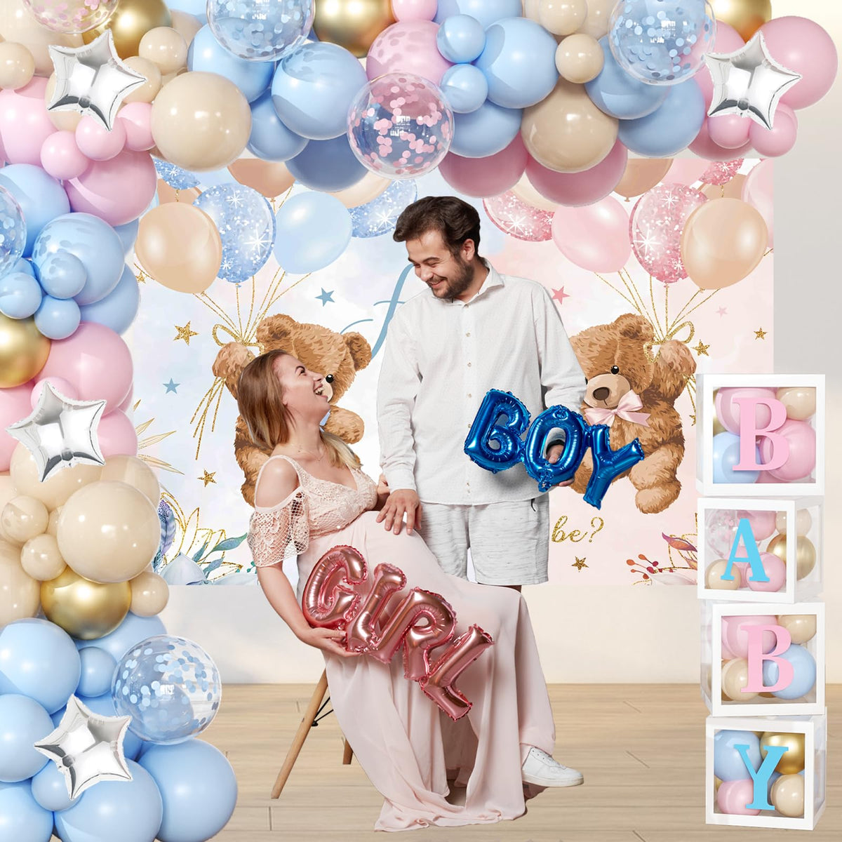 Bear Gender Reveal Decorations - 158pcs Pink Blue Balloon Garland Kit, 4pcs Baby Boxes With