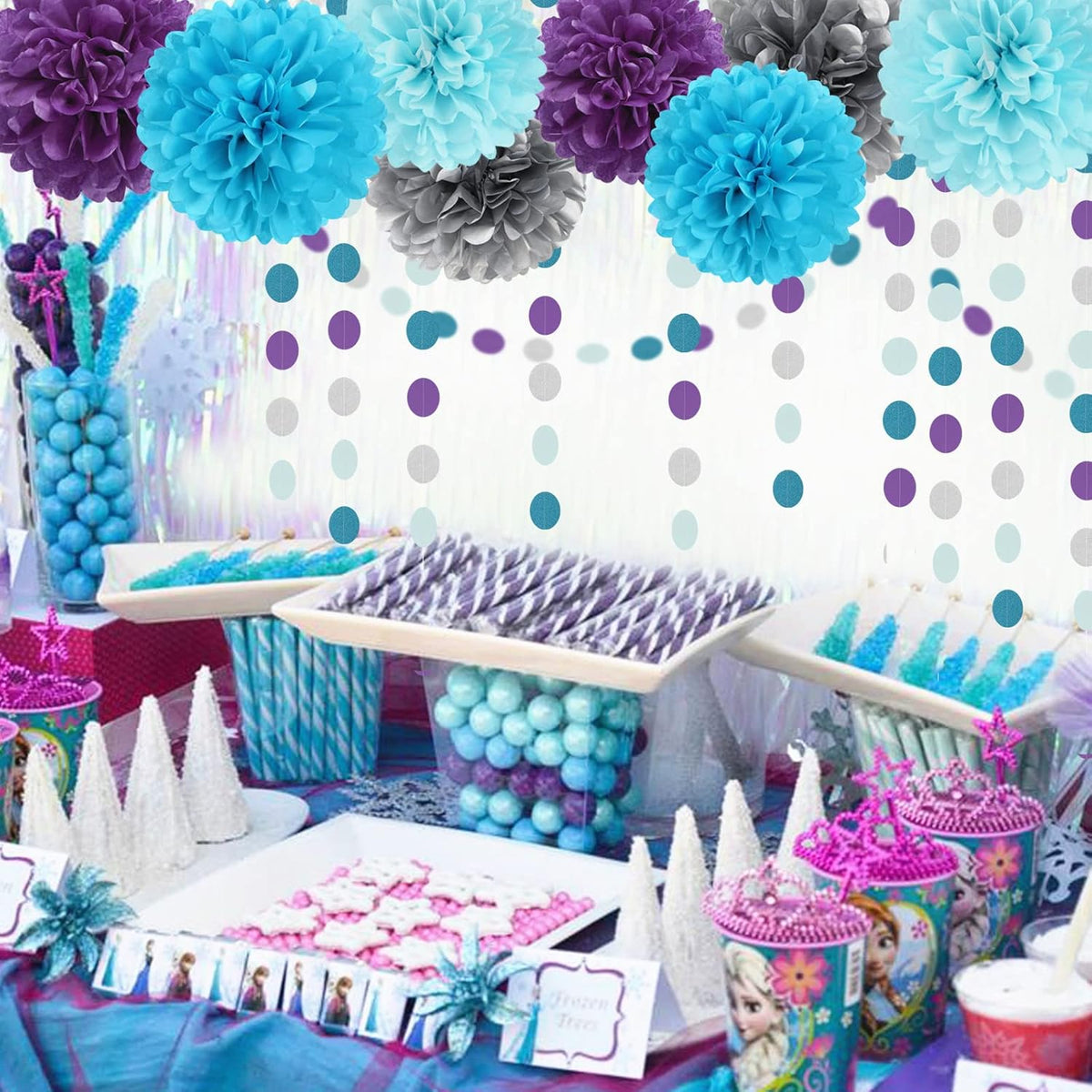 Purple-Blue Silver Frozen Christmas Party-Decorations - 30pcs Tissue Pom Poms Streamers,Winter Girl