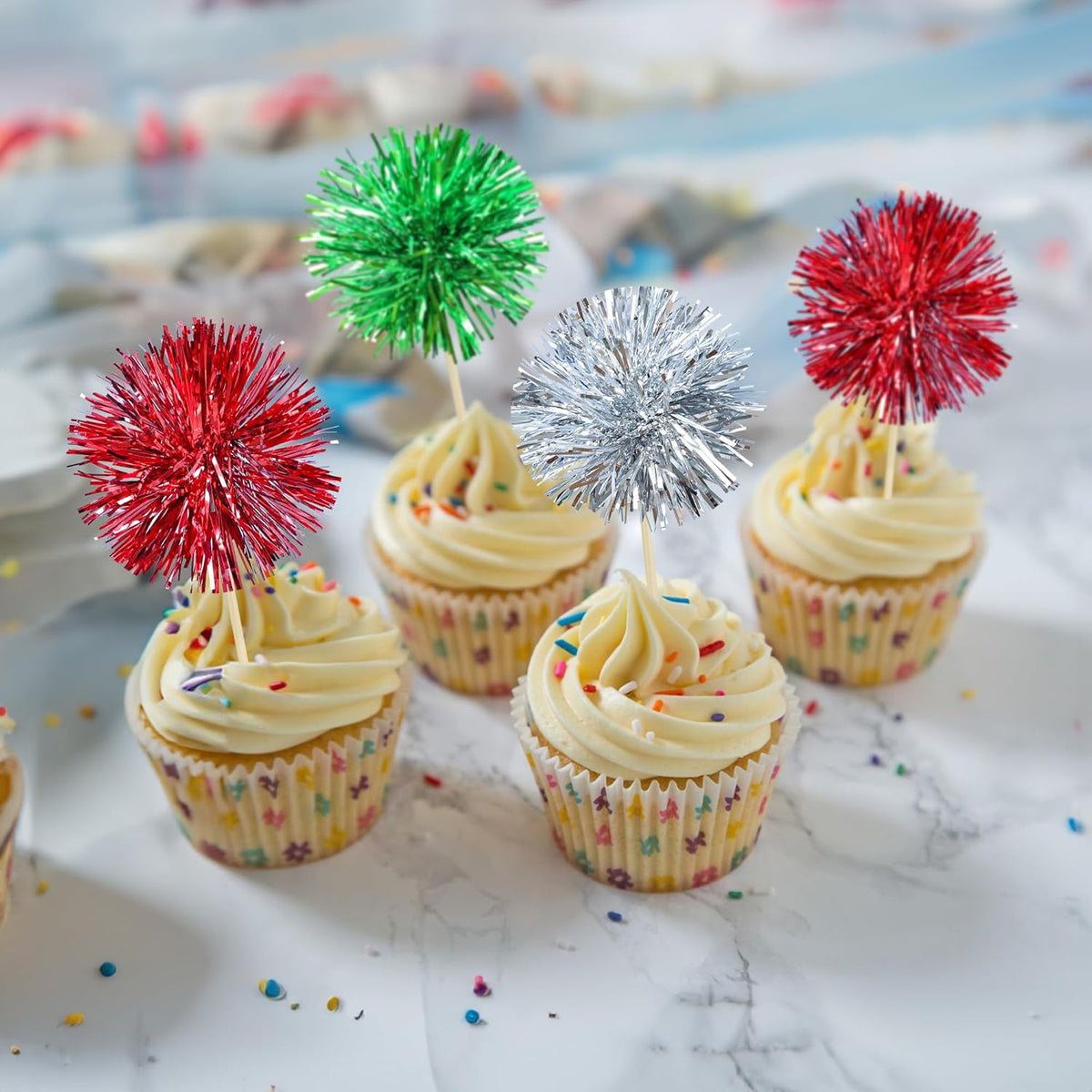 Gyufise 30Pcs Foil Firework Cupcake Toppers Sparkle Tinsel Cake Toppers Tinsel Drink Cake