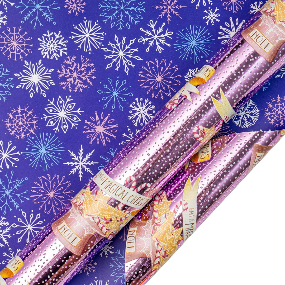 LeZakaa Christmas Purple Wrapping Paper Mini Roll, Have a Magical Christmas Cake Stand, Snowflake