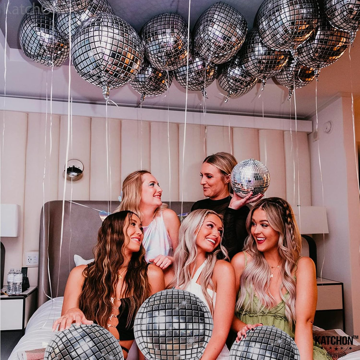 KatchOn, Big Silver Disco Ball Balloons - 22 Inch, Pack of 6 Disco Party Decorations | 4D Sphere