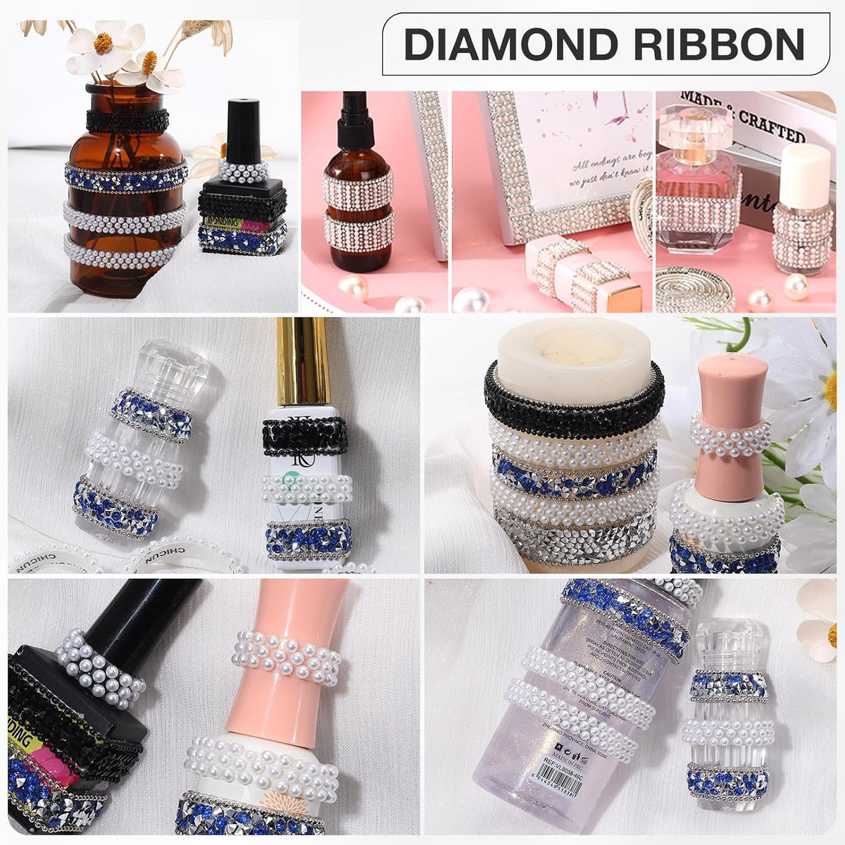 White Pearls Ribbon 3 Yards Self Adhesive Pearls Strips Diamond Ribbon Sticker Crystal Roll Glitter