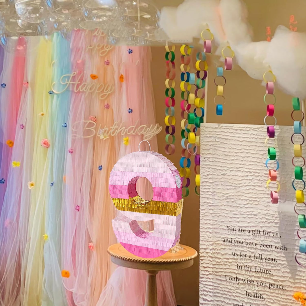 PCFING 20 Inch Number 9 Piñata Pink Gold with 30 Inch Piñata Stick Blindfold Confetti for Boys