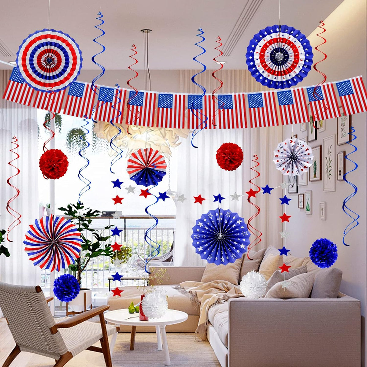 26Pcs 4th of July Decorations Patriotic Decor USA Flag String Red White Blue Paper Fans Star