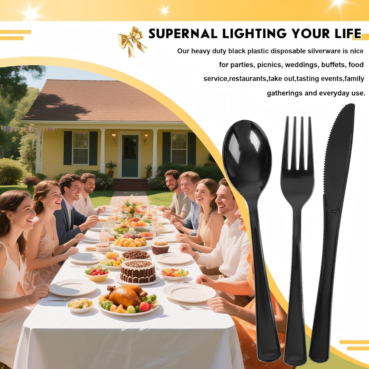 Supernal 300 Pieces Black Plastic Silverware Disposable Cutlery Black Disposable Silverware Heavy