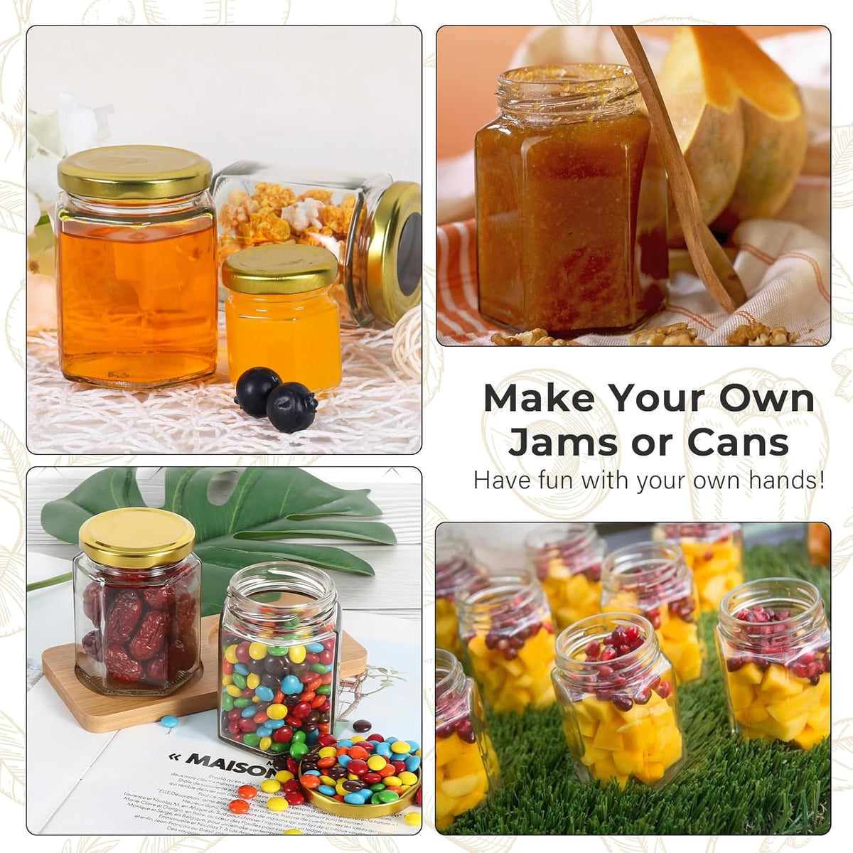 6 oz Hexagon Glass Jars with Gold Lids, 30 Pcs Canning Jars for Jam, Honey, Jelly, Candy, Candle