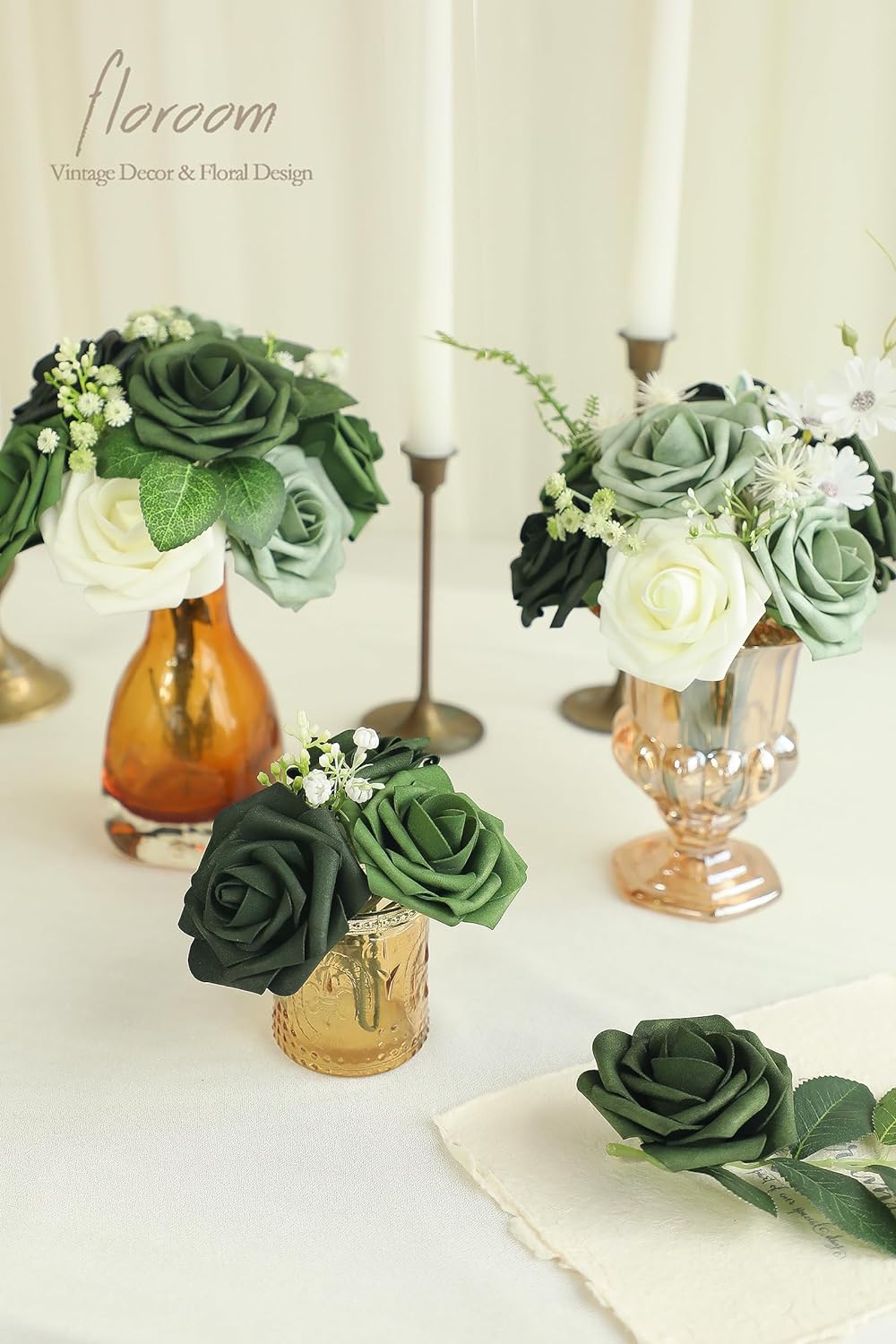 Floroom Artificial Flowers 50pcs Real Looking Emerald Green Foam Fake Roses with Stems for DIY