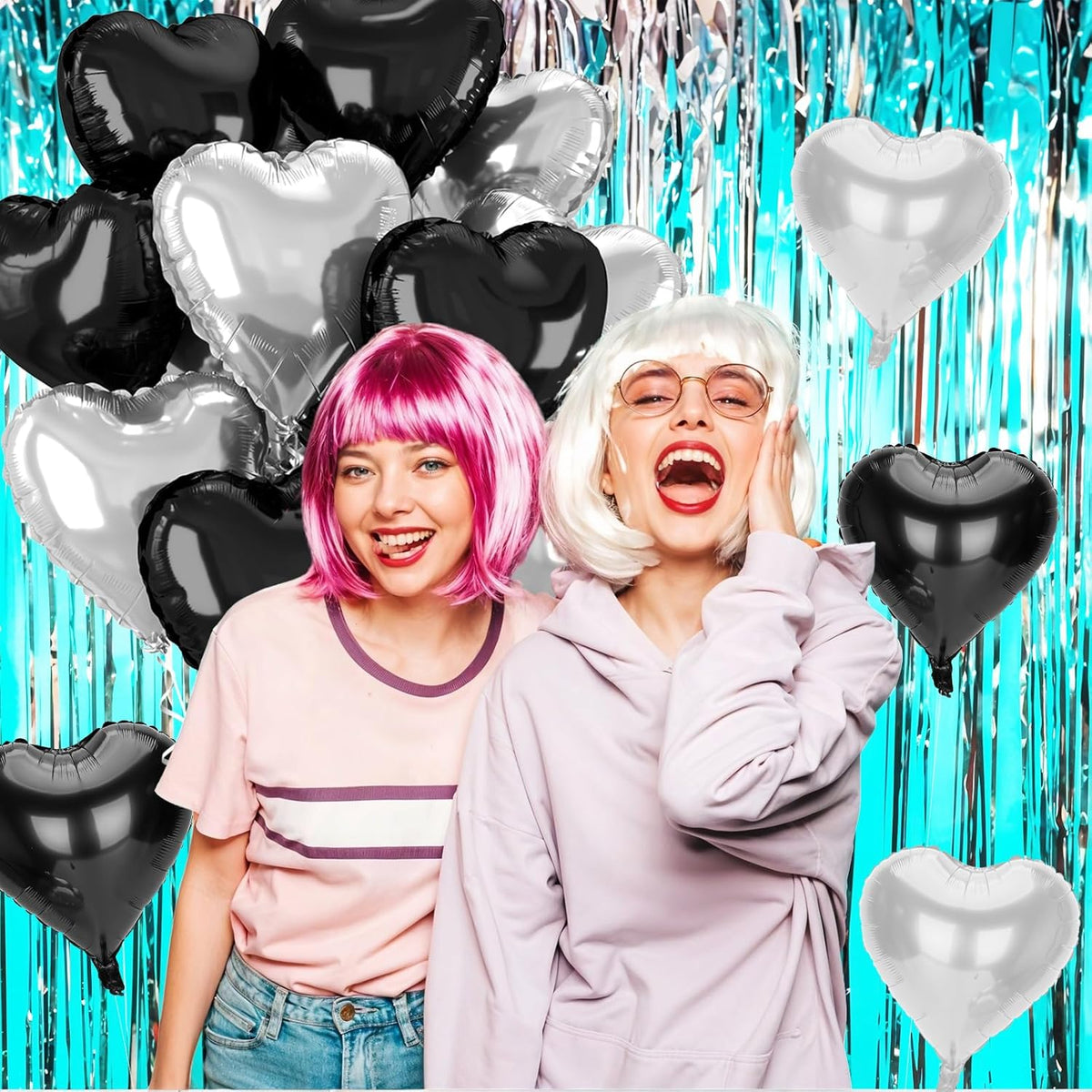 12 Pcs Heart Balloons, 18 inch Black Silver Heart Shaped Balloon, Big Helium Foil Black Silver