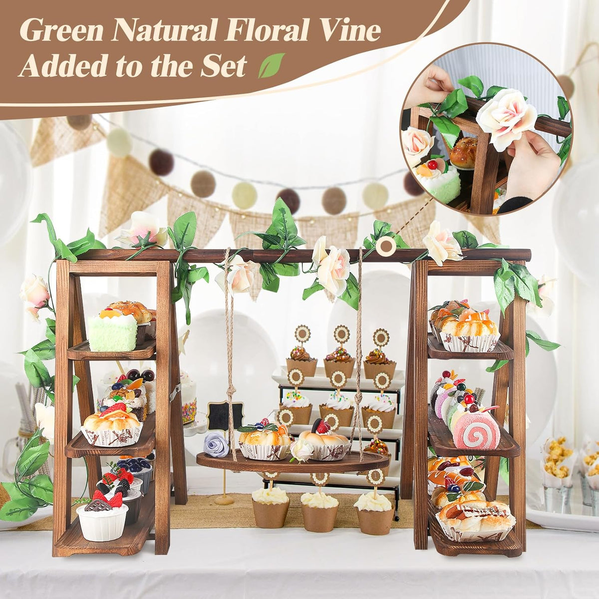 Wooden 3 Tier Cupcake Stand with Swing and Flower Decoration Serving Removable Tray Display Serving