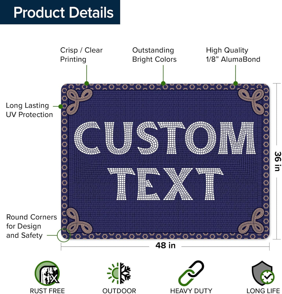 Custom Sign, Custom Street Sign, 11 Font Colors, 13 Font Styles, 4 Hole Options, 22 Sizes, 36x48