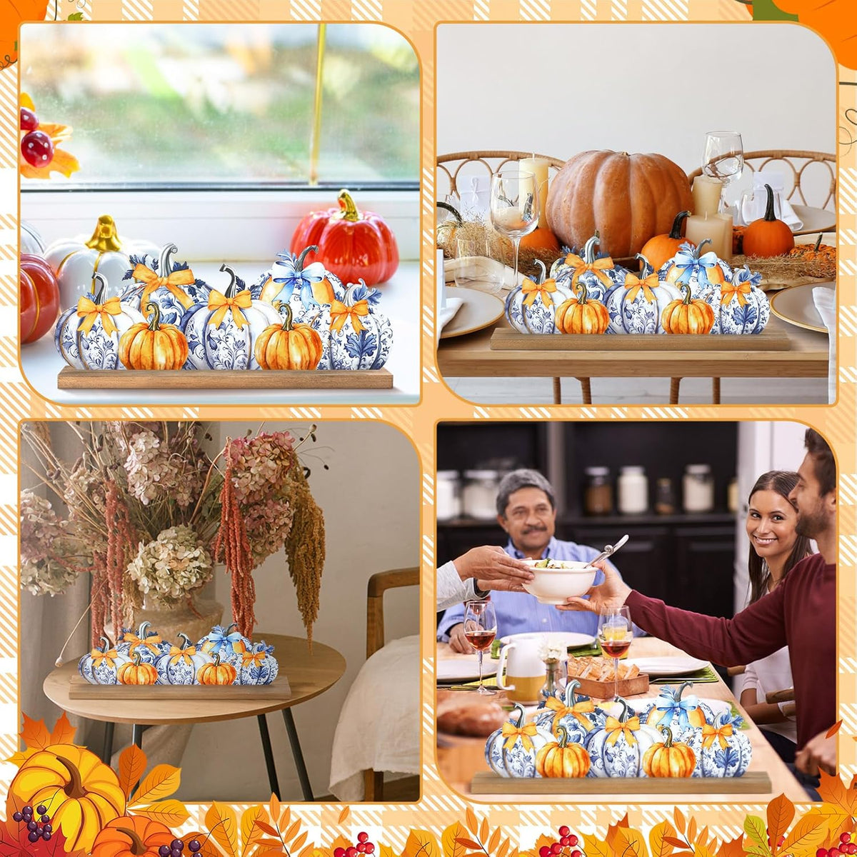 Fall Pumpkin Metal Sign Chinoiserie Pumpkin Table Decor Thanksgiving Tiered Tray Decor with Wooden
