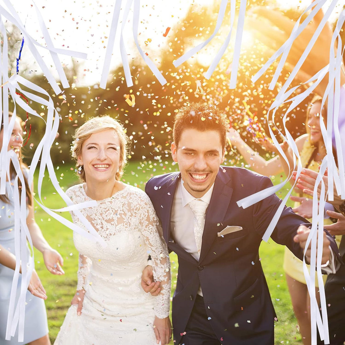 Junkin 100 Pcs Wedding Wands Streamers with Bells Set, 50 White Wedding Send Off Ribbon Streamers