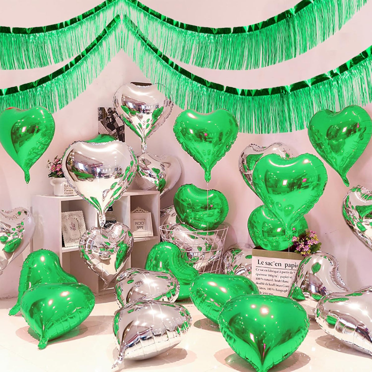 Green Foil Fringe Garland 10FT 2packs, Metallic Foil Tinsel Fringe Banners for Parade Float
