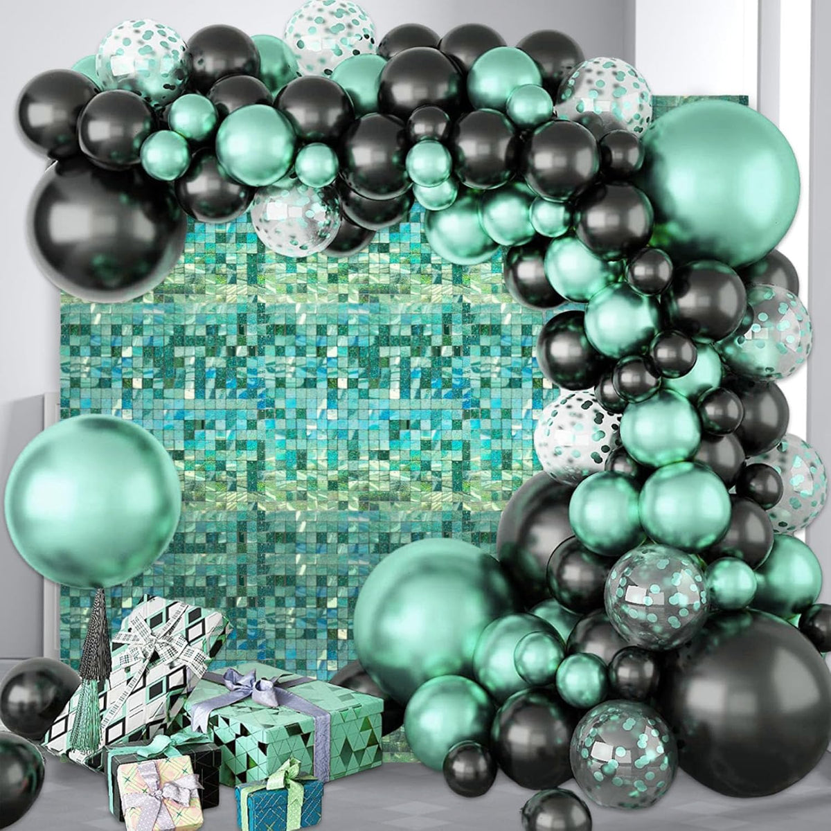 24PCS Light Green Shimmer Wall Backdrop, Laser Square Sequin Photo Backdrops Panel, Glitter Wall