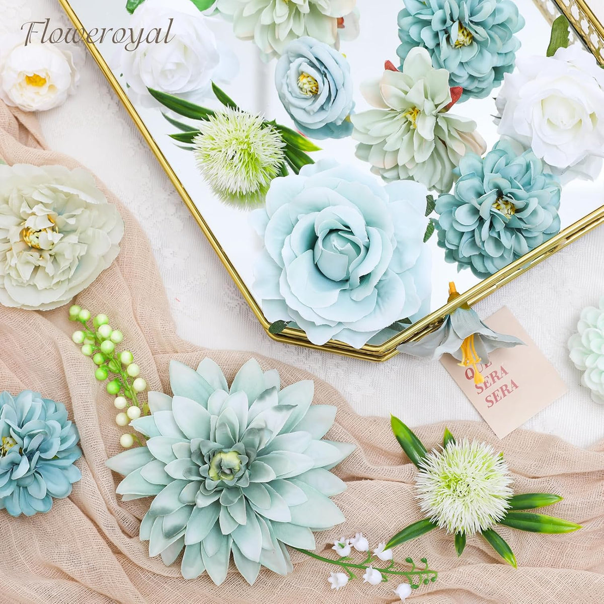 Floweroyal Artificial Flowers Combo Teal Blue Flowers Mix Silk Flowers Dahlia Roses with Stems for