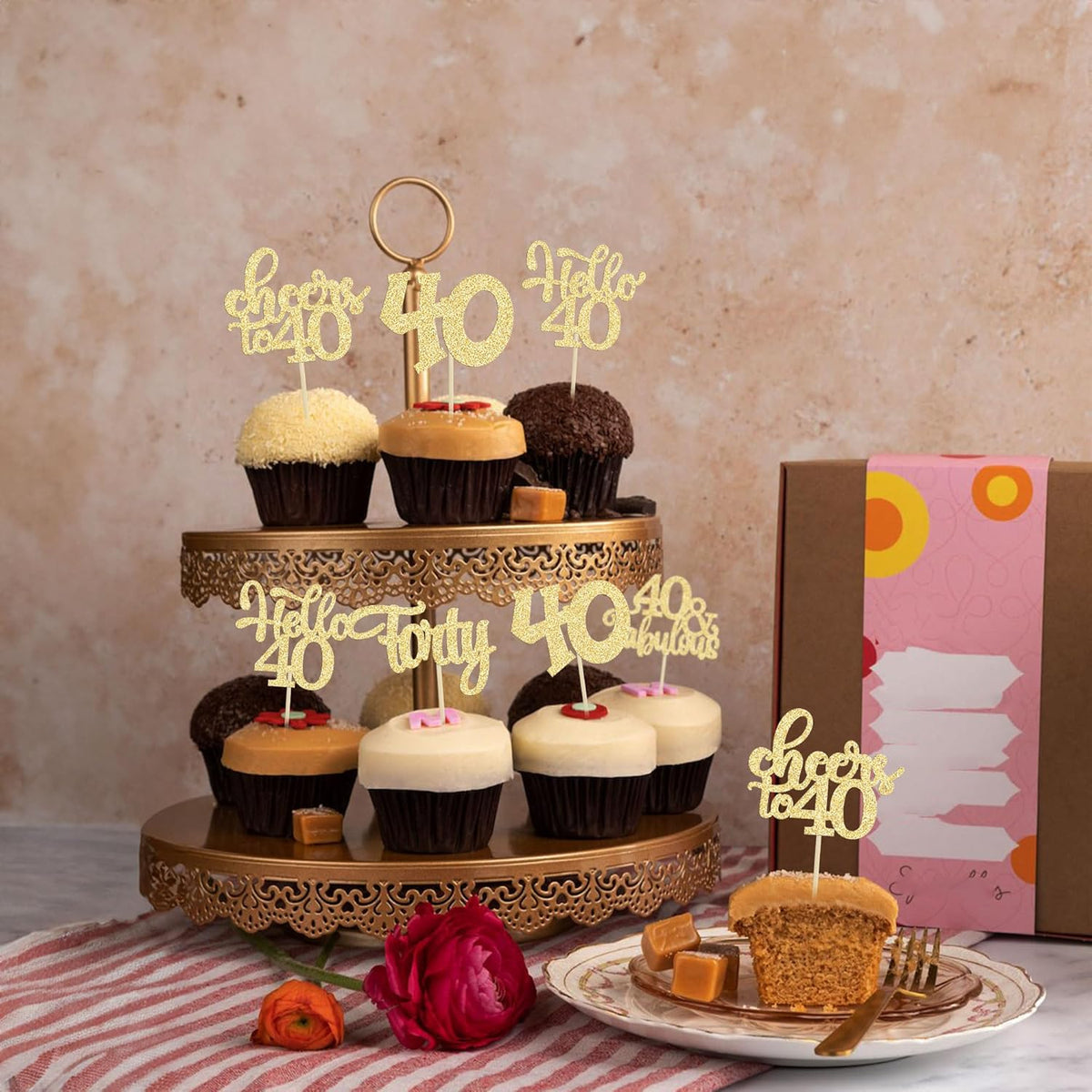 30pcs Happy 40th Birthday Cupcake Toppers - Gold Glitter Forty Cheers to 40 Years Old Cupcake Picks