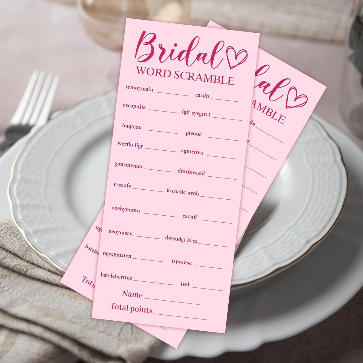 Pink Wedding Shower Games Cards, Bridal Word Scramble, 25 Game Cards with 1 Answer Card, 4x9, Bride