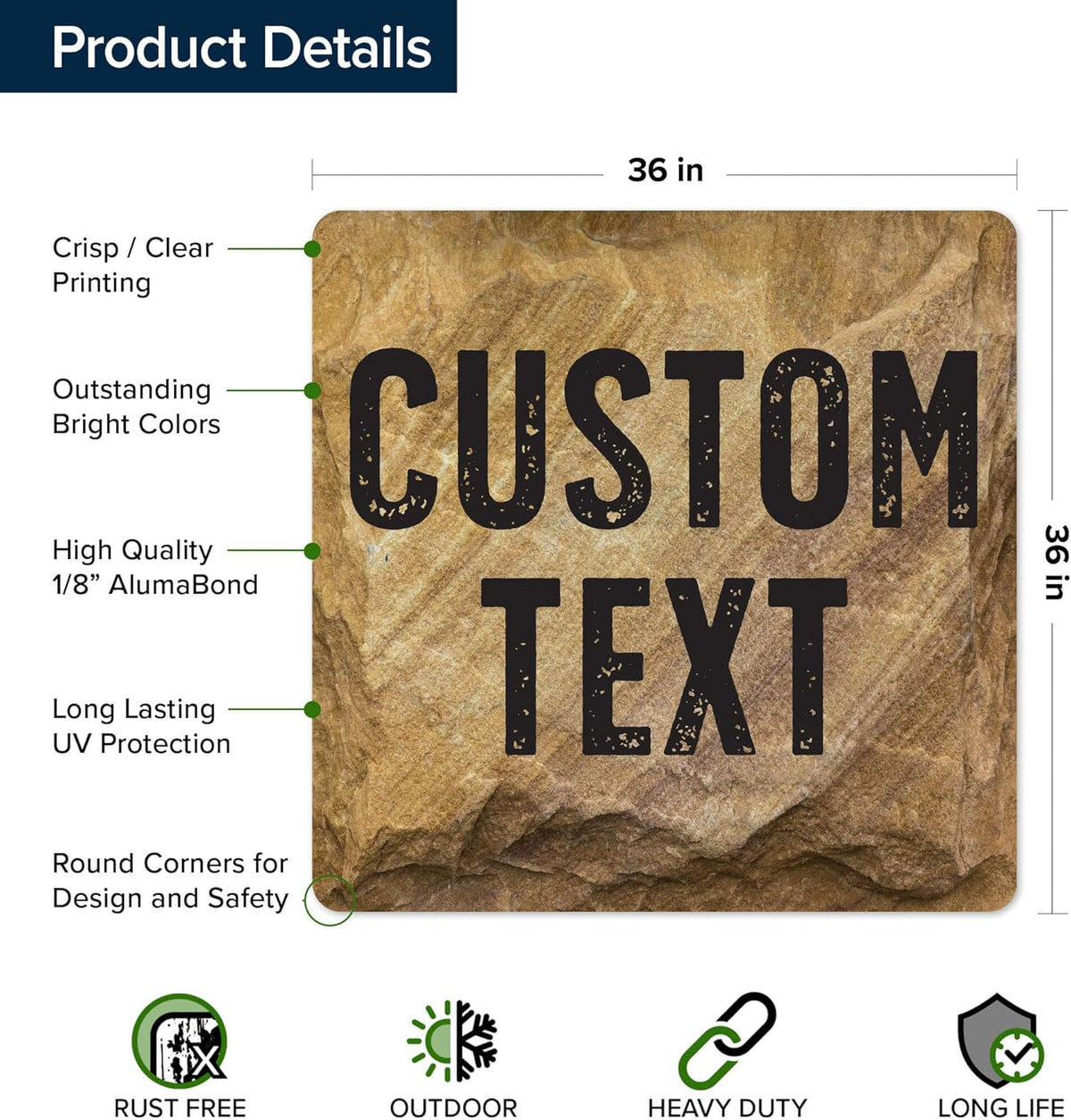 Custom Sign, Custom Street Sign, 11 Font Colors, 13 Font Styles, 4 Hole Options, 22 Sizes, 36x36