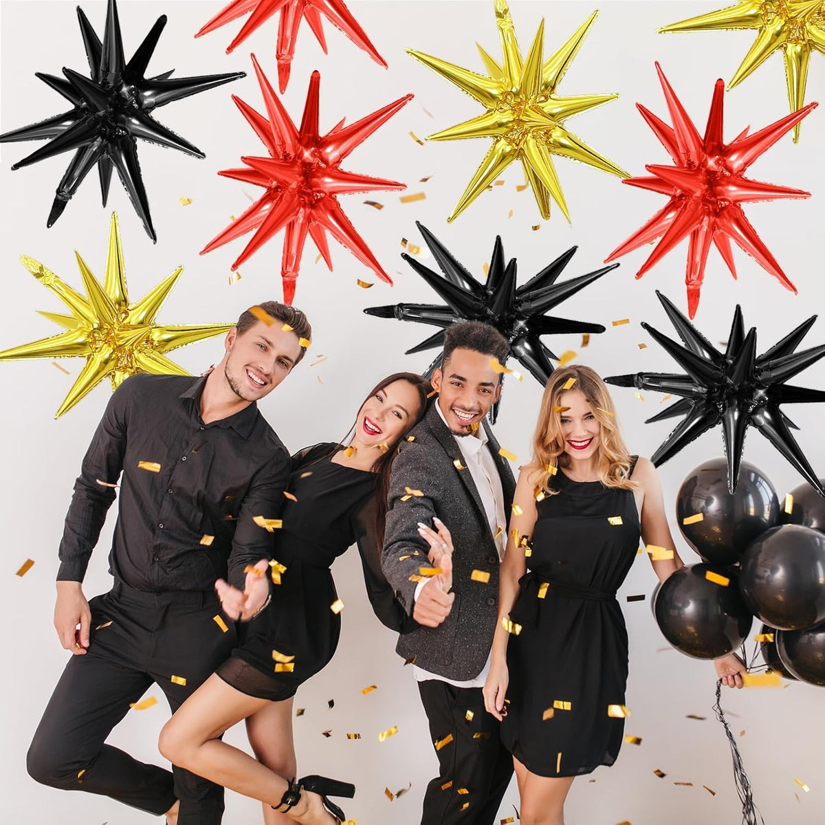 Black Red Gold Star Balloons,9Pcs 22Inch Black Gold Red Explosion Spike Cone Helium Polyester Film