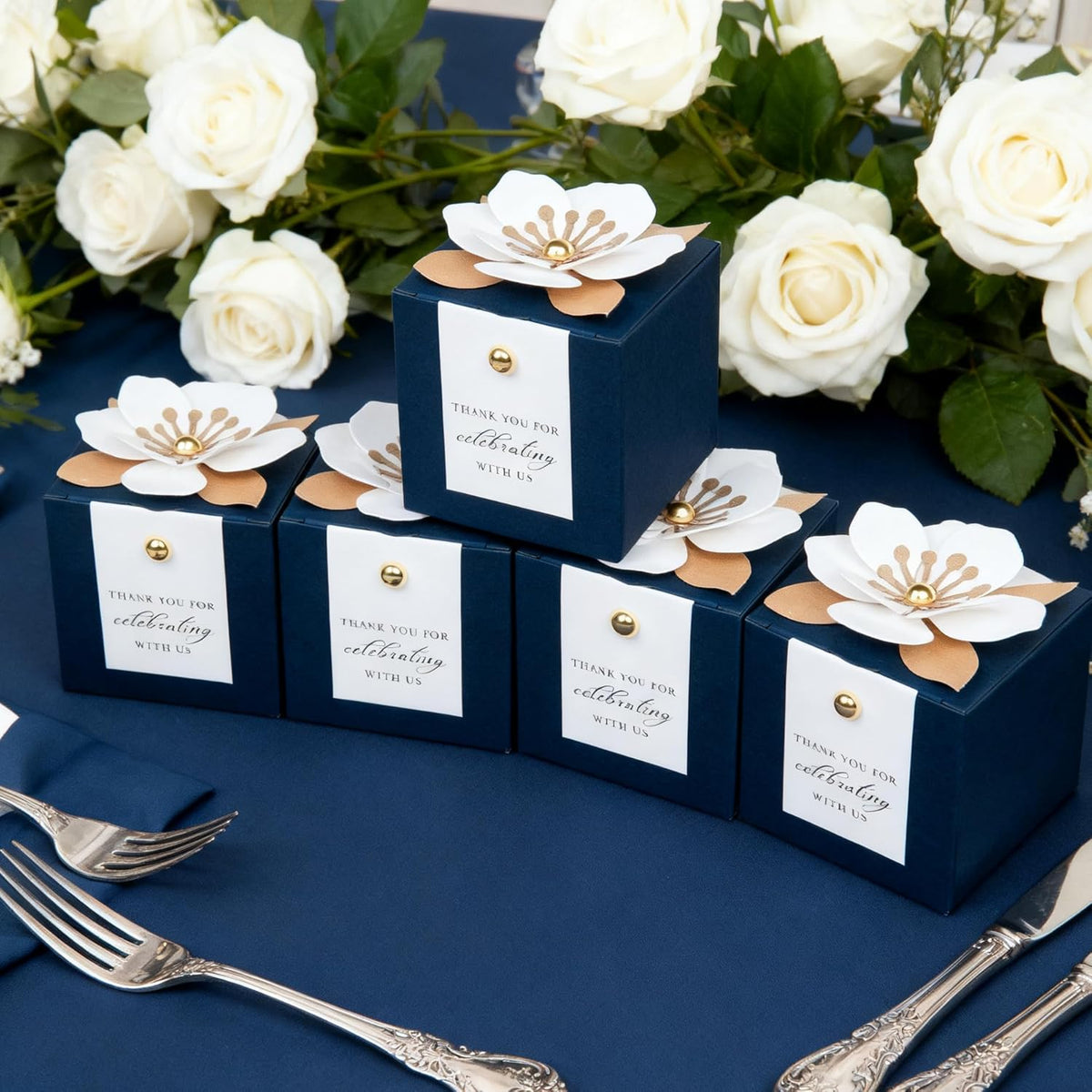 FEIYI 20 PCS Candy Boxes, 3 In 1 Navy Blue Favor Boxes with Floral Decor, White Thank You Tags Gift