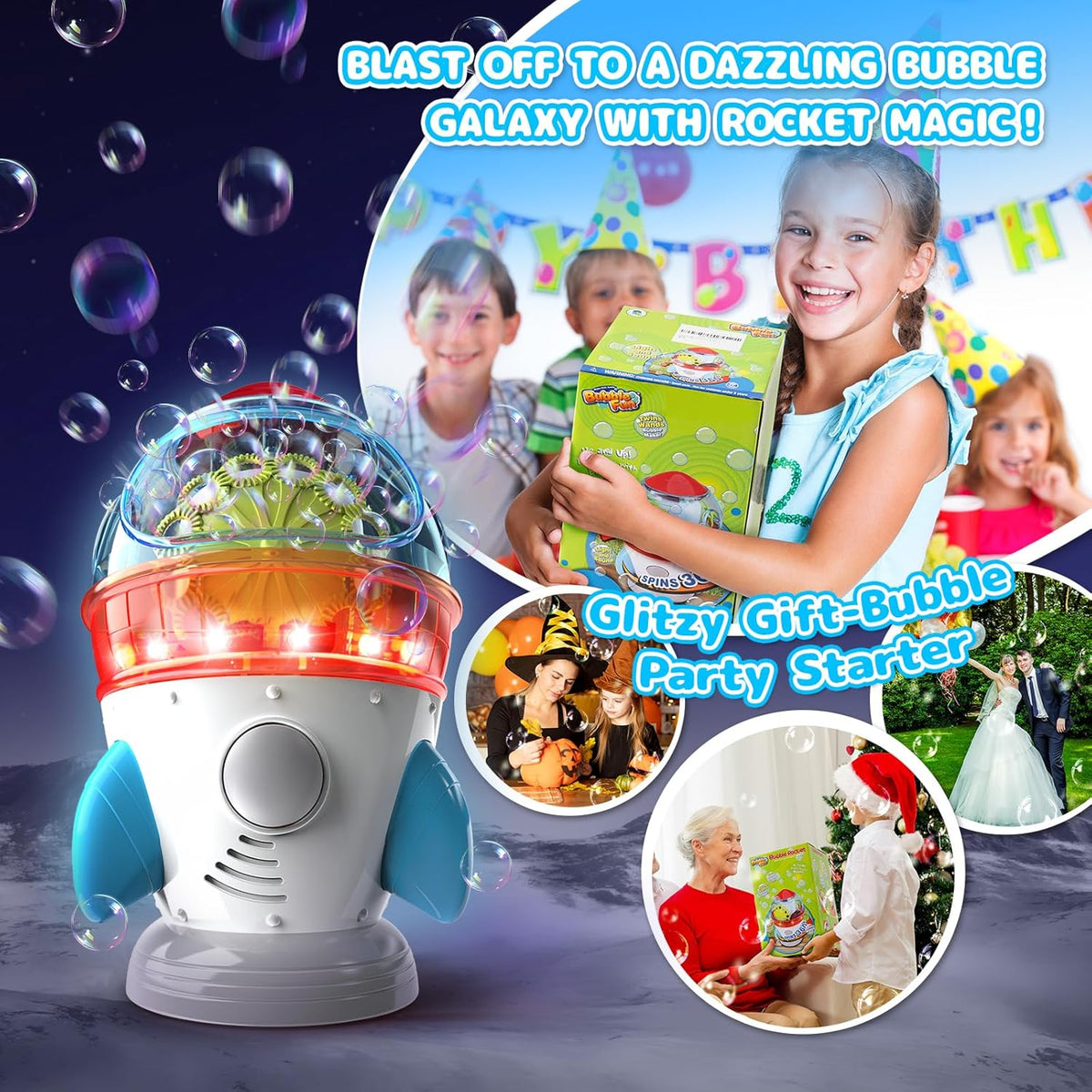 Rocket-Shaped Bubble Machine for Kids & Pets - Dual Powerful Bubble Outlets, Automatic 360°